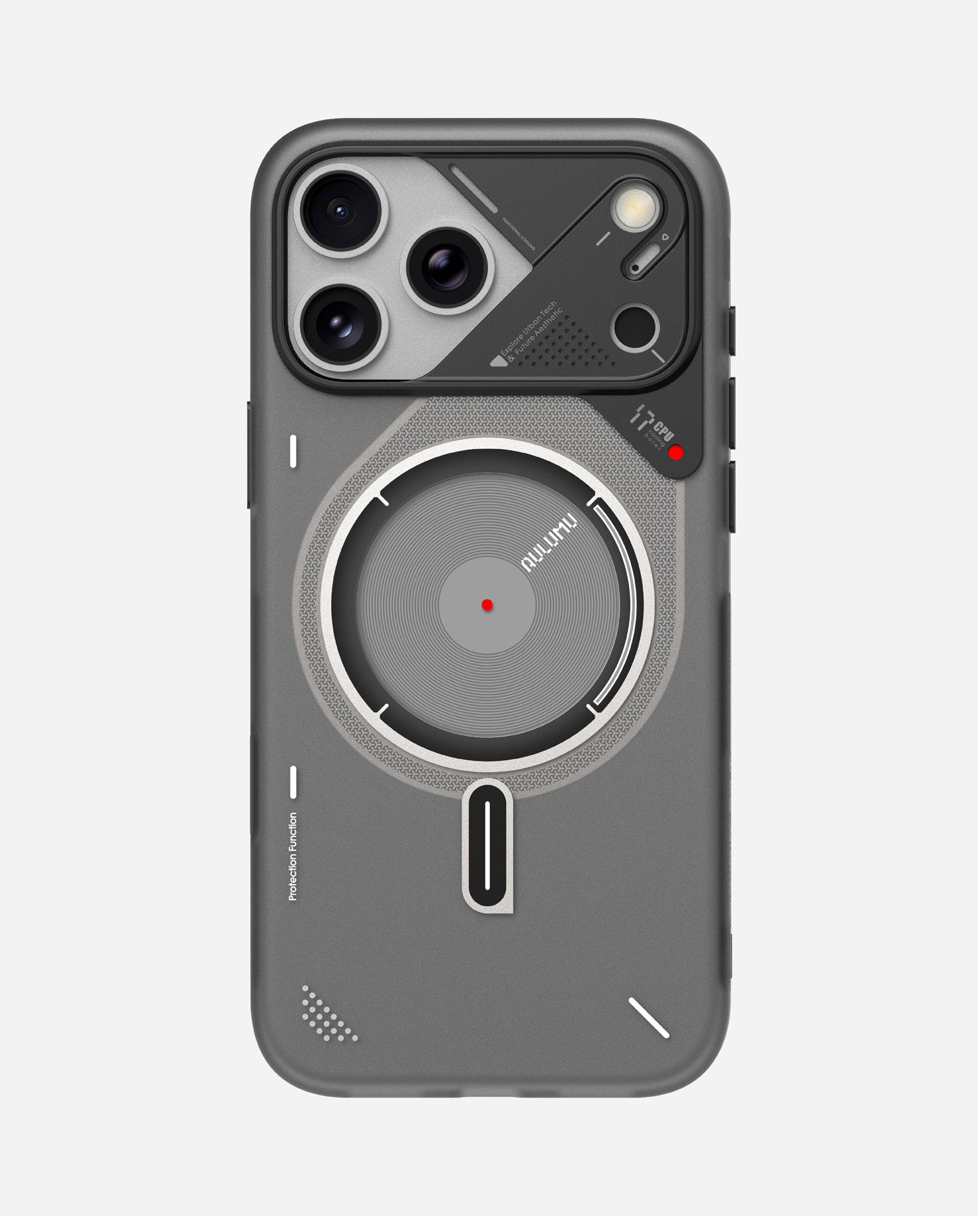 AULUMU A17 TPU case for iPhone 17 in matte black, featuring a built-in MagSafe ring design, cooling-style camera panel, and raised lens protection.