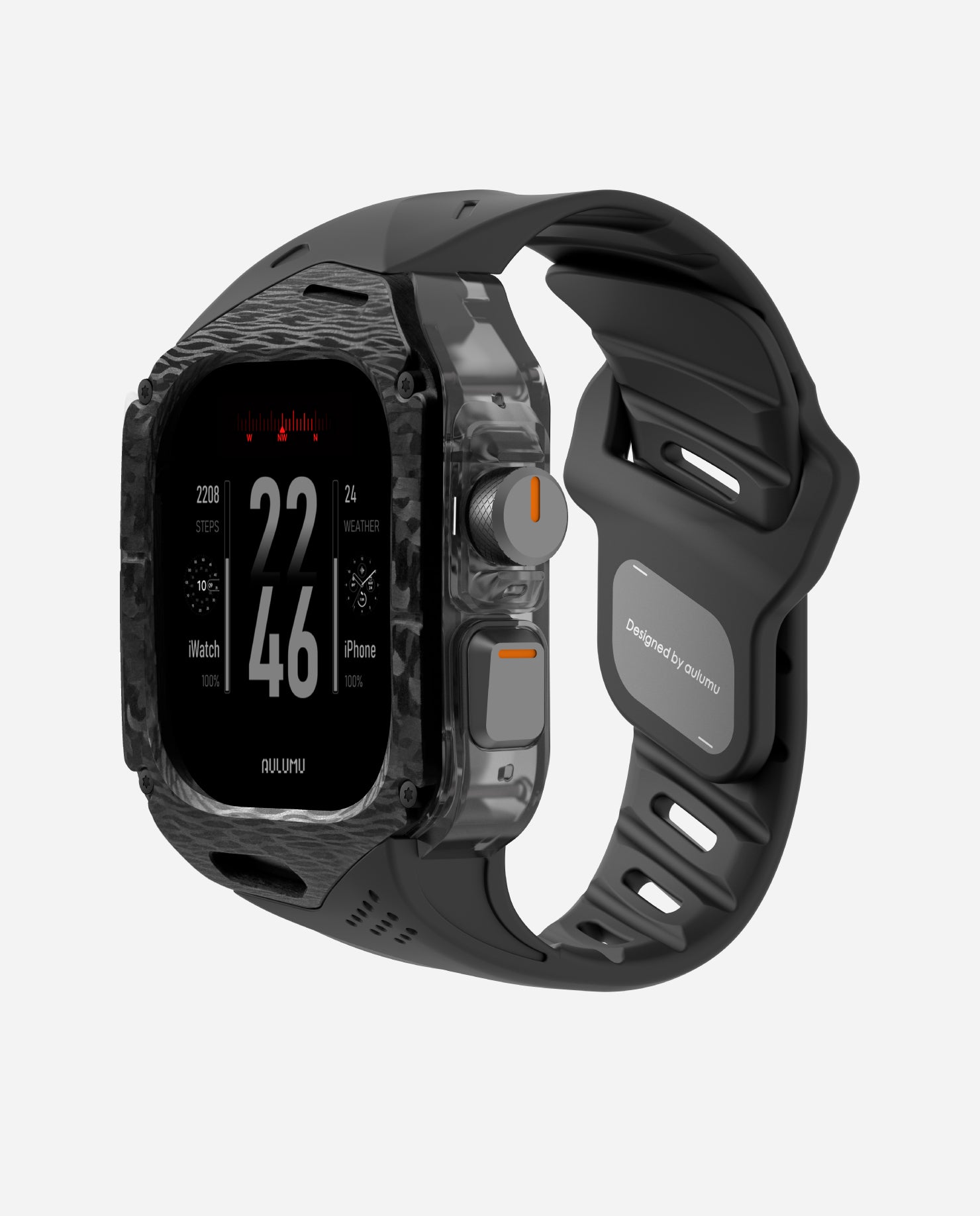 AULUMU A01 carbon fiber case with black FKM band for Apple Watch Ultra 1–3, three-quarter front view.