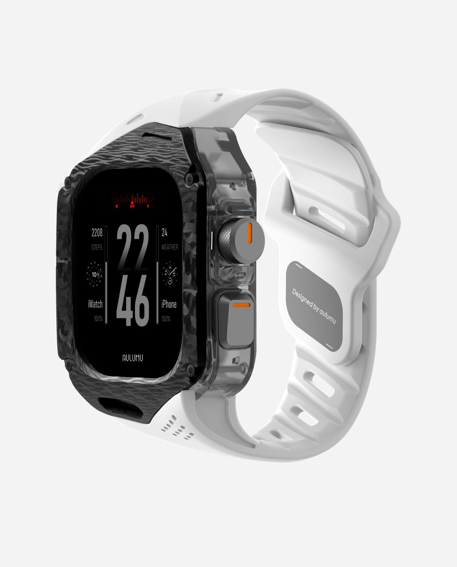 AULUMU A01 carbon fiber case with white FKM band for Apple Watch Ultra 1–3, three-quarter front view.