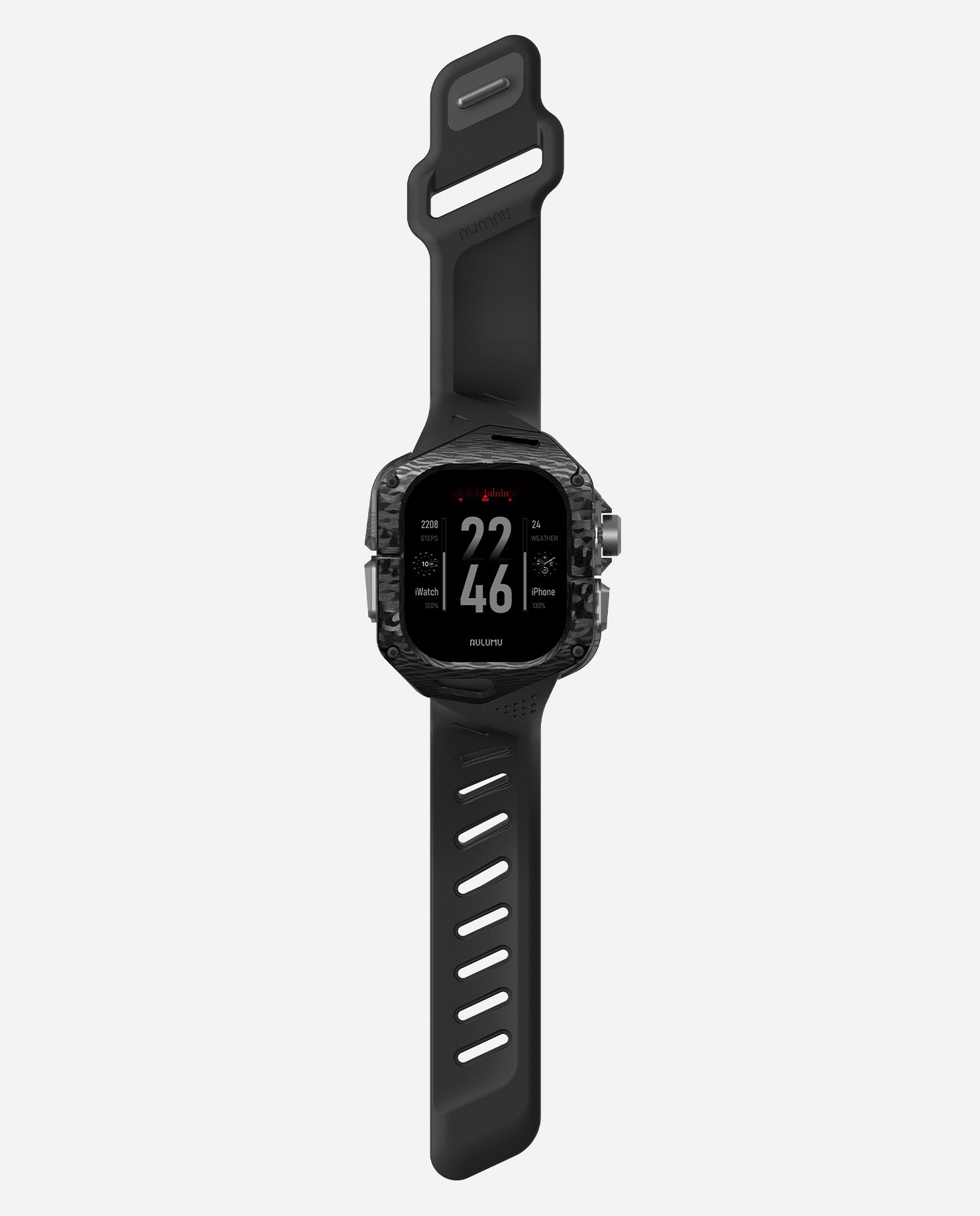 Full-length shot of AULUMU A01 carbon fiber case with black FKM band for Apple Watch Ultra 1–3.