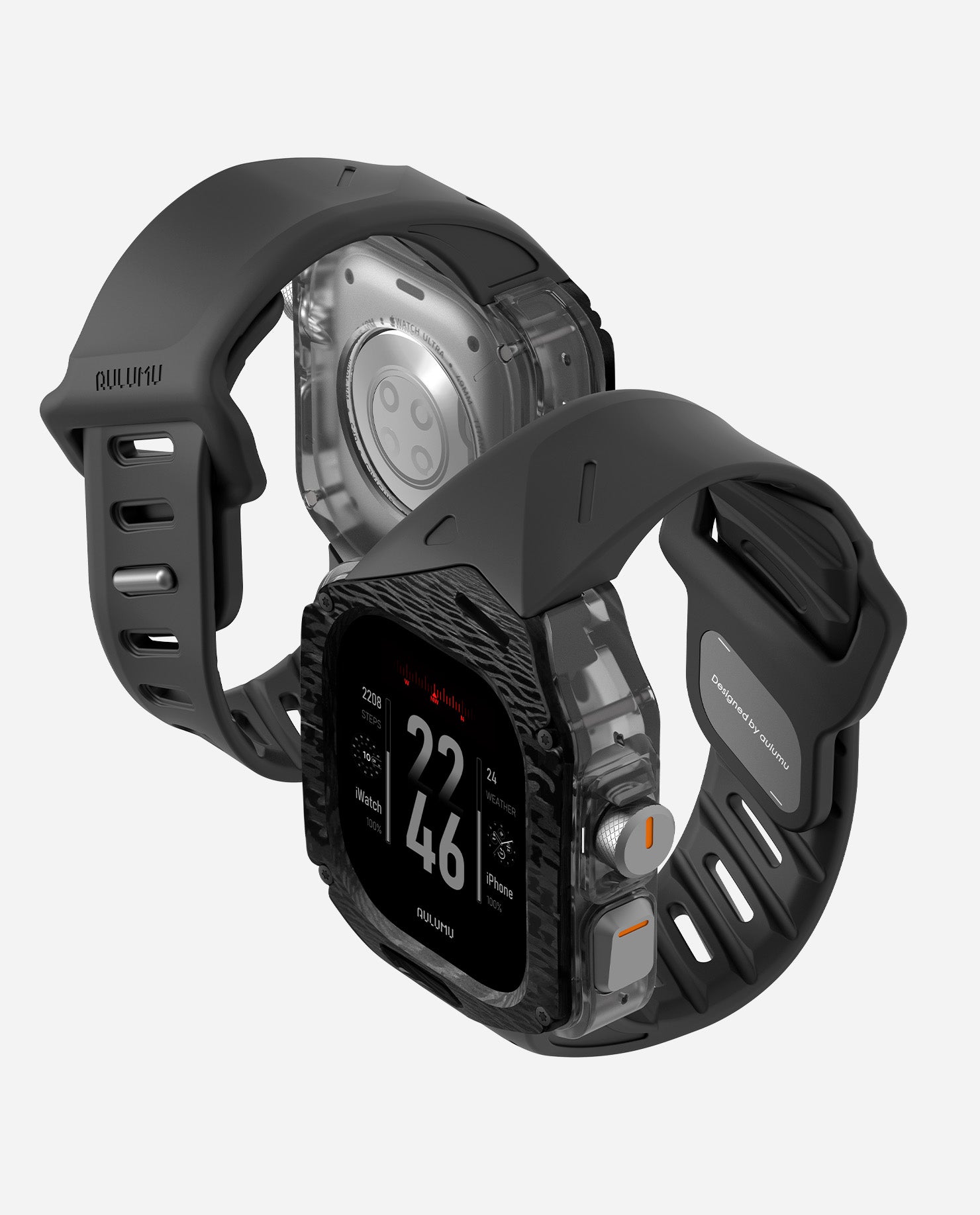 Pair of AULUMU A01 carbon fiber Apple Watch Ultra cases with black FKM bands, front and back views.