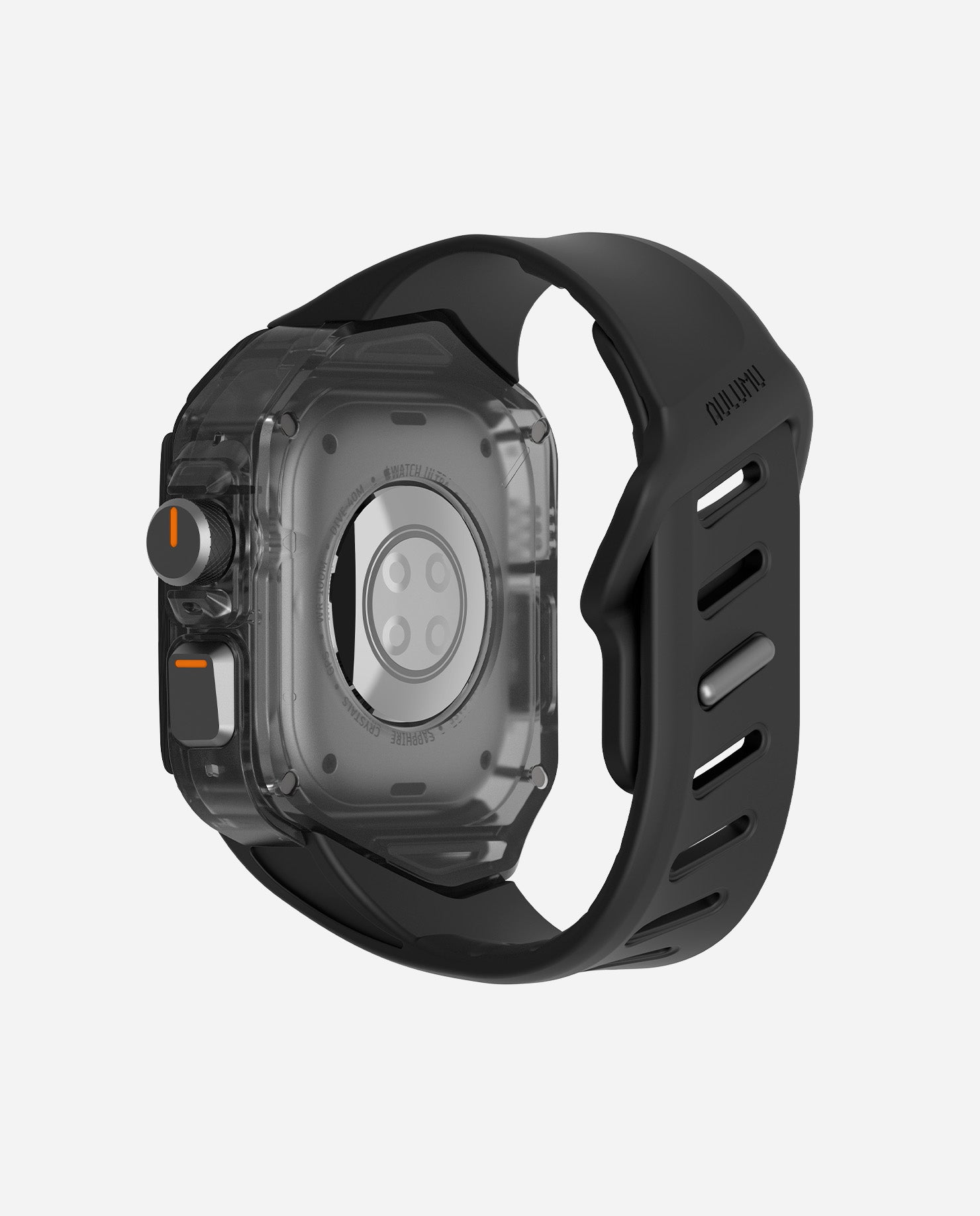 Back view of AULUMU A01 carbon fiber case with black FKM band on Apple Watch Ultra, showing sensor openings.