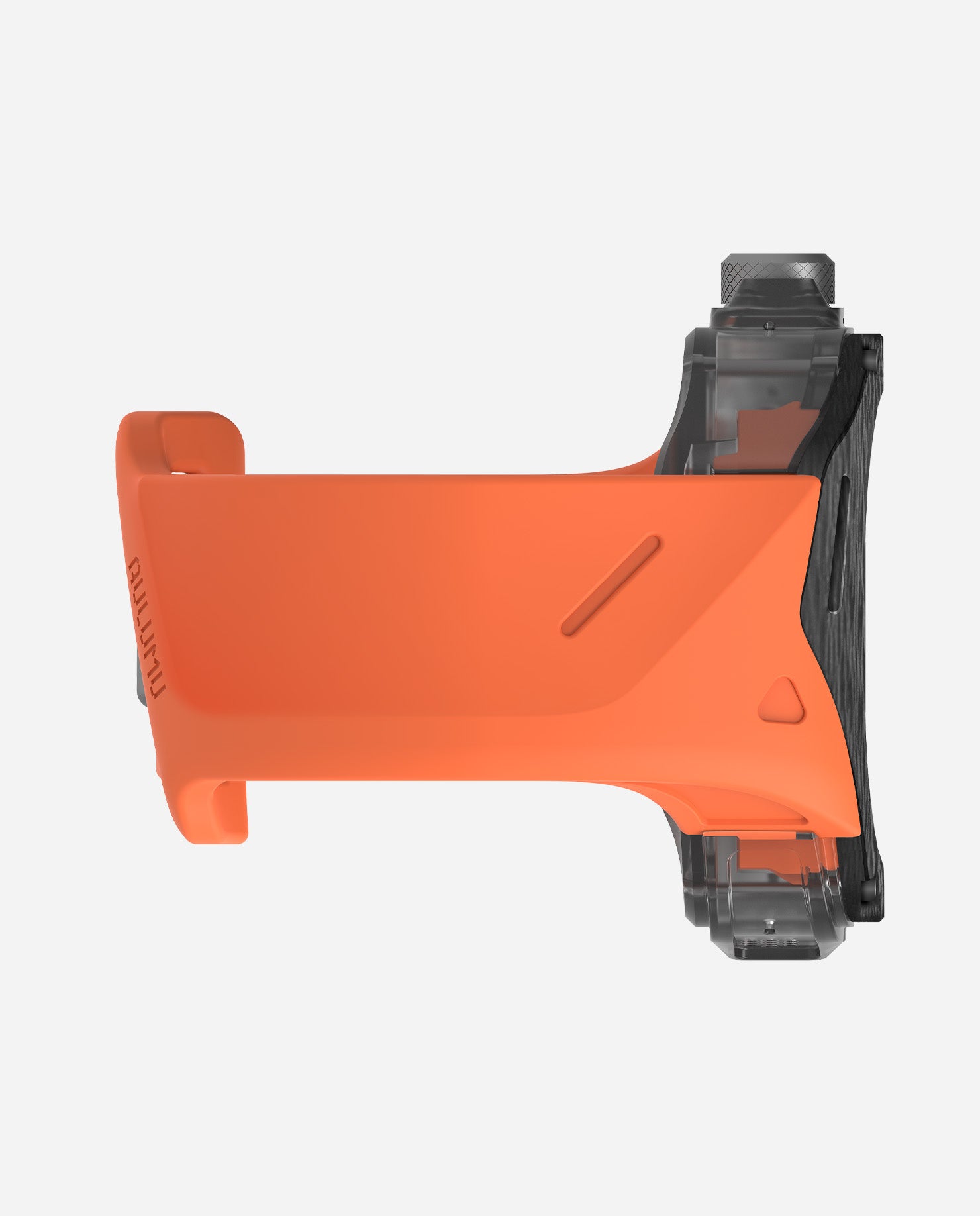 Close side view of AULUMU A01 carbon fiber top cover for Apple Watch Ultra with orange FKM band.