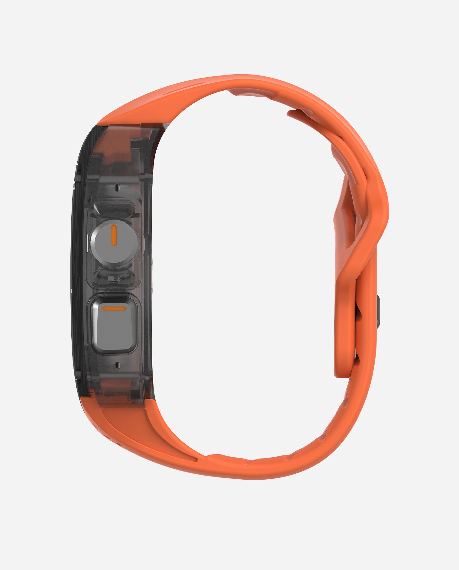 Side profile of AULUMU A01 carbon fiber Apple Watch Ultra case with orange FKM band, showing curvature.
