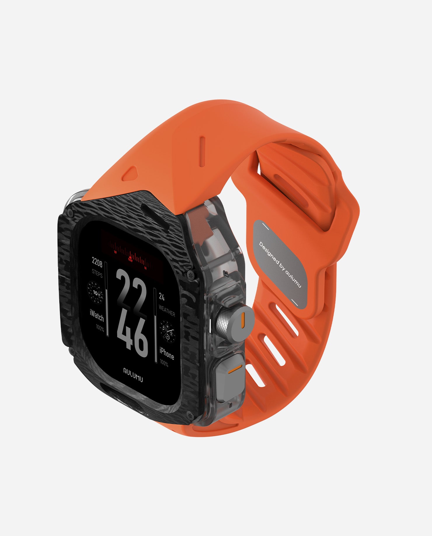 Angled top view of AULUMU A01 carbon fiber case with orange FKM band, highlighting bezel texture.