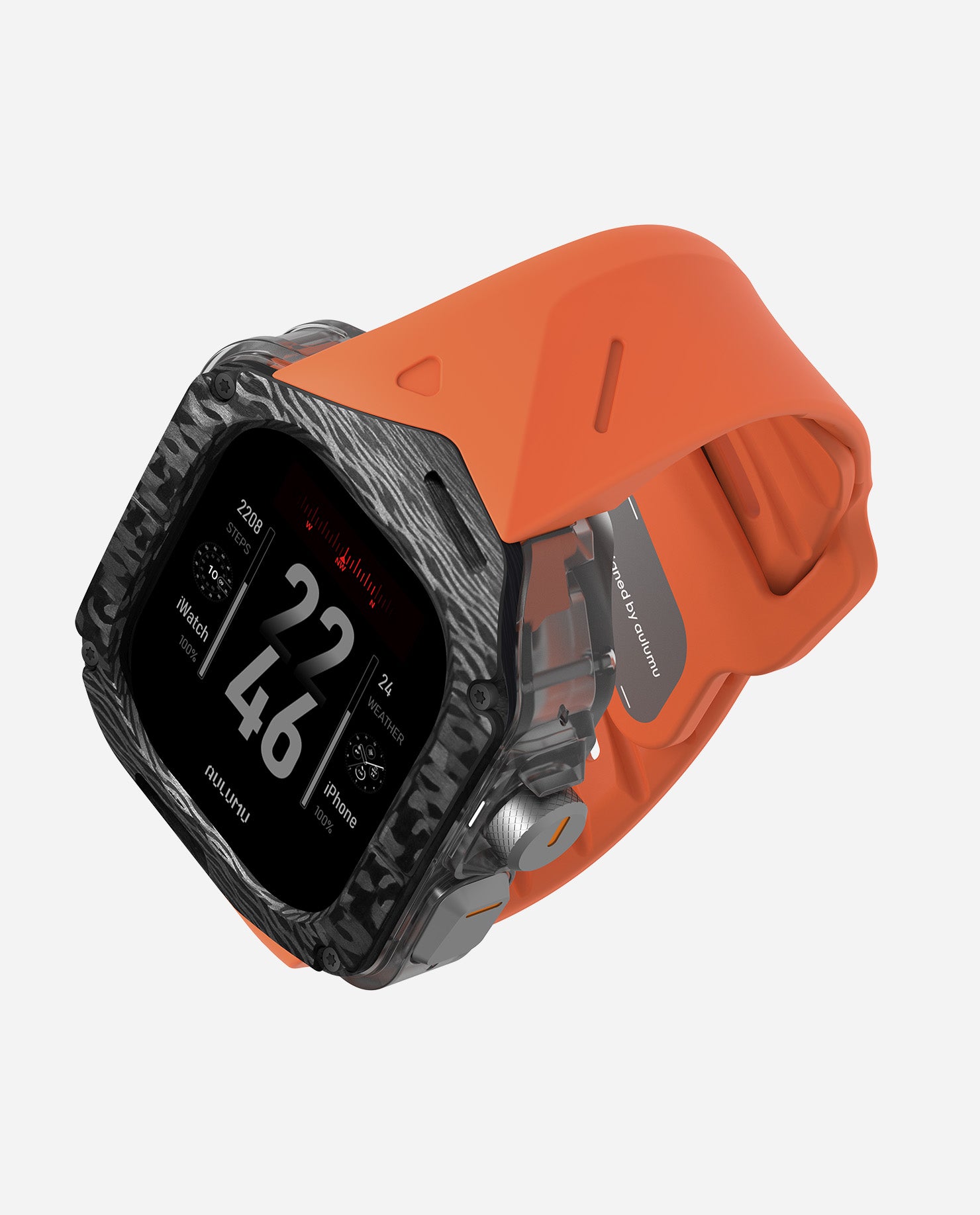 Side-front view of AULUMU A01 carbon fiber Apple Watch Ultra case with orange FKM band and button details.