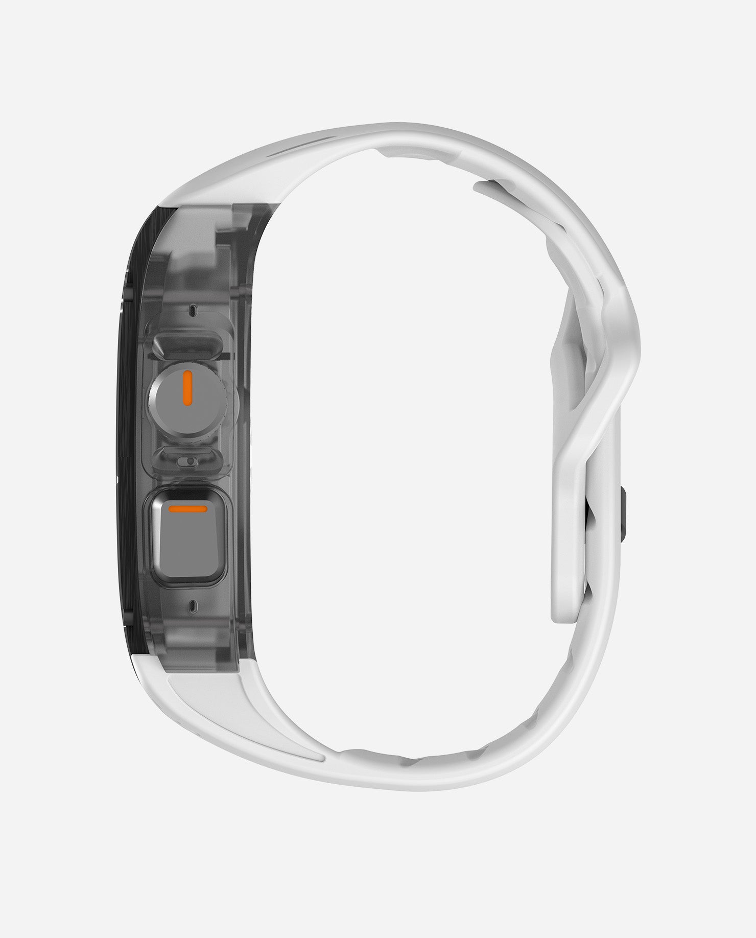 Side profile of AULUMU A01 carbon fiber Apple Watch Ultra case with white FKM band, showing low-profile fit.