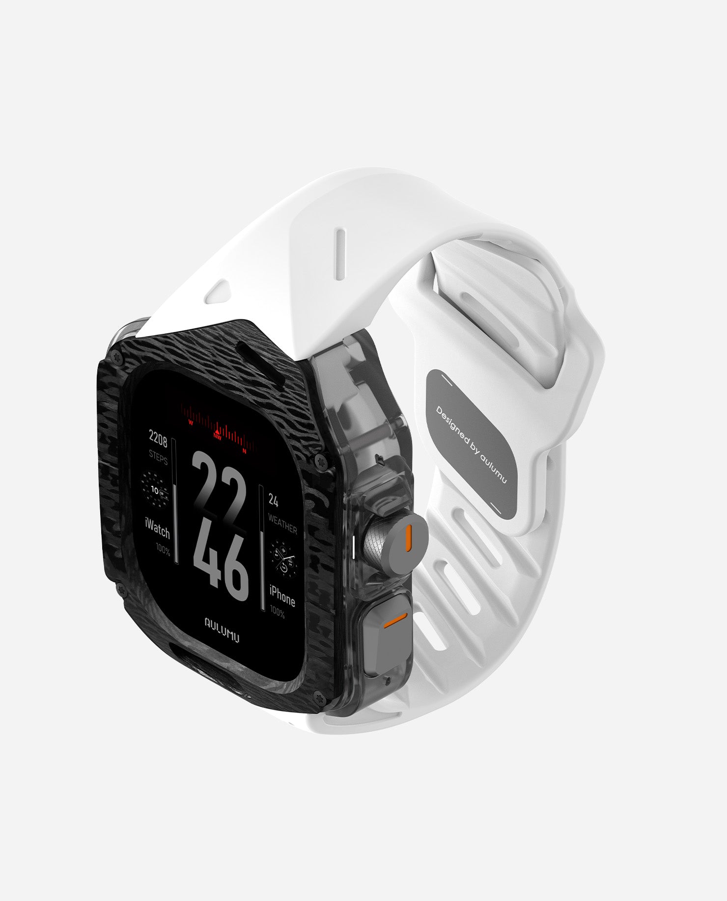 Angled top view of AULUMU A01 carbon fiber case with white FKM band, showing textured bezel.