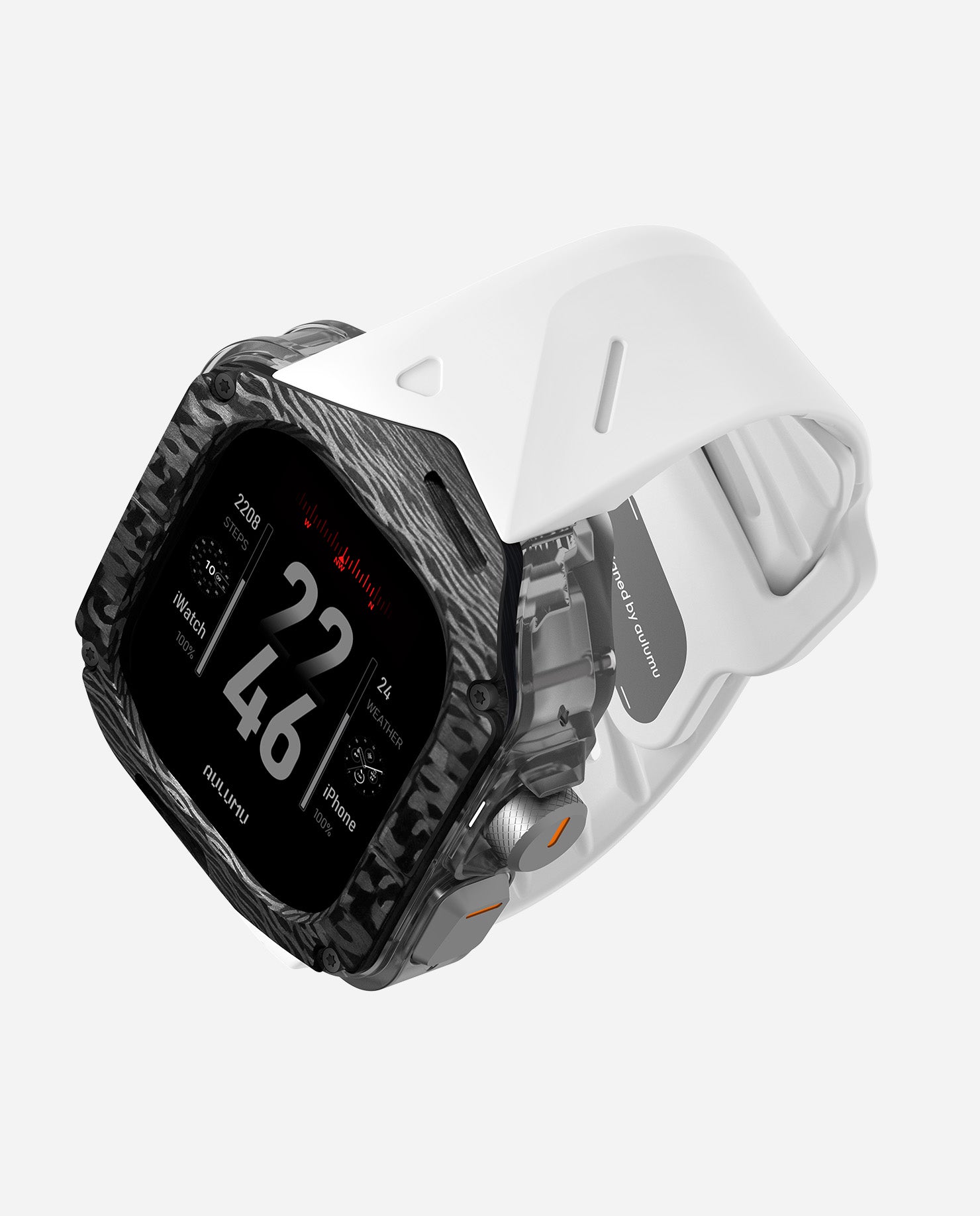 Side-front view of AULUMU A01 carbon fiber Apple Watch Ultra case with white FKM band and button details.