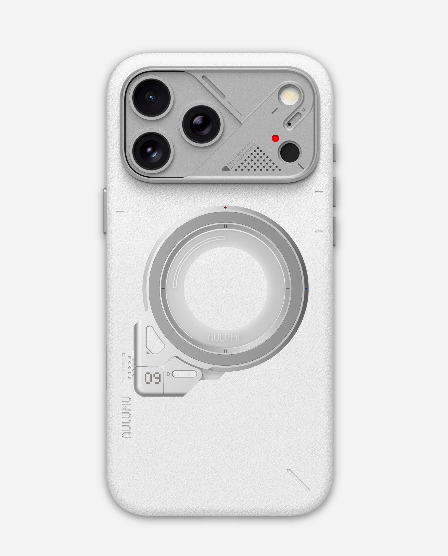 Back view of an iPhone 17 in the AULUMU A17 PU leather case (white) with the G09 Infinite 360° MagSafe ring stand attached, showing the circular magnetic grip/stand and raised camera protection.