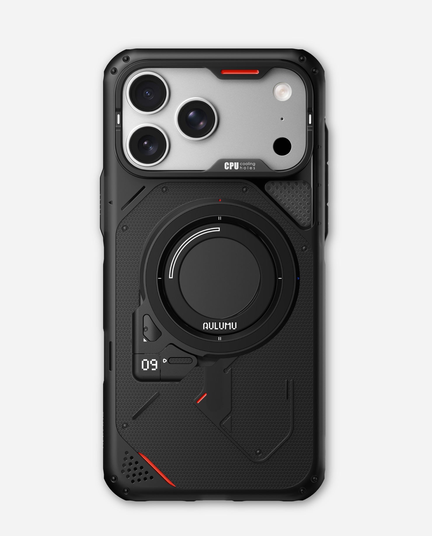 Back view of an iPhone 17 in the AULUMU A17 rugged case (black with red accents) with the G09 Infinite 360° MagSafe ring stand attached, showing the circular grip/stand and reinforced camera protection.