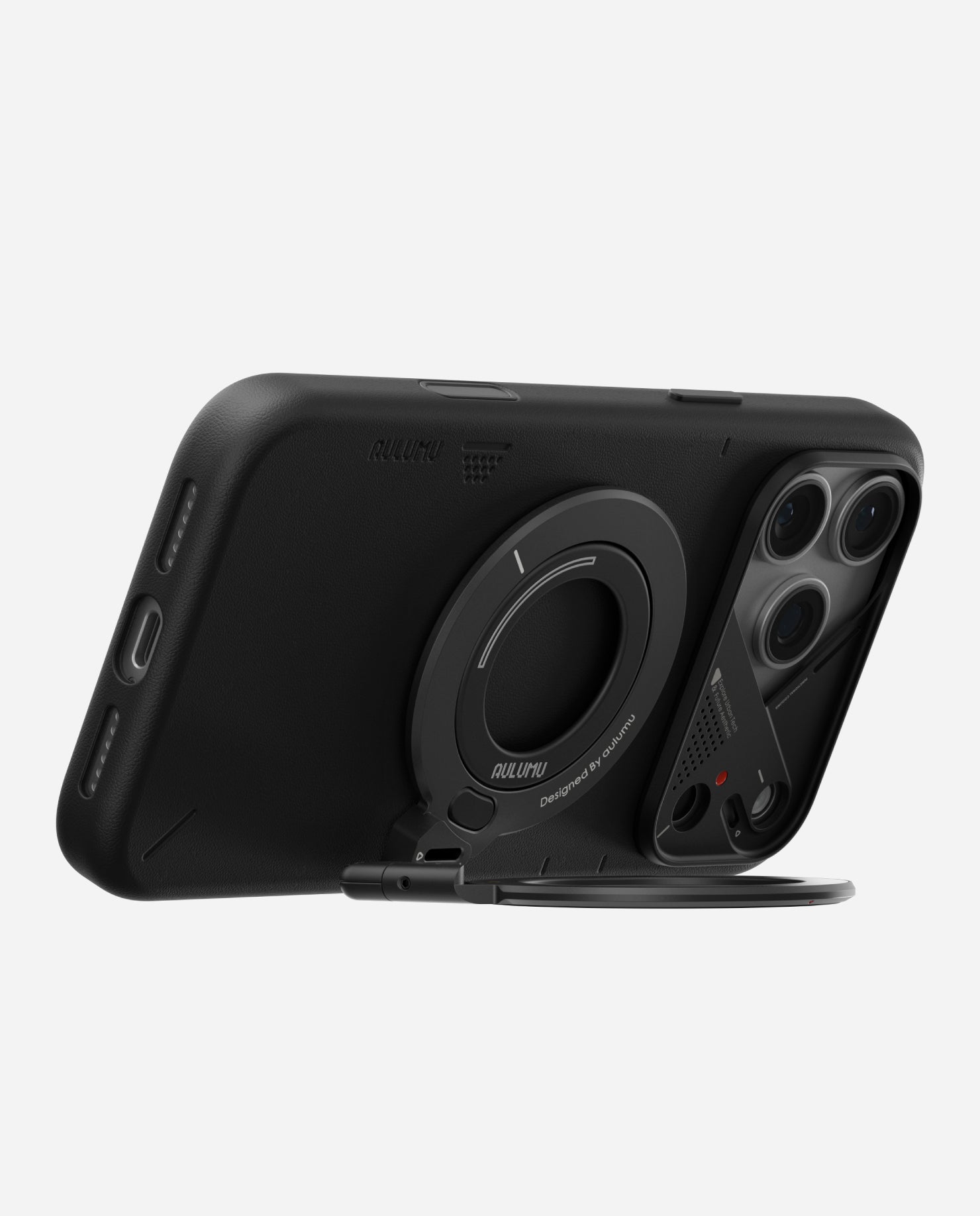 aulumu G09 black Infinite 360° MagSafe stand used as horizontal kickstand on iPhone