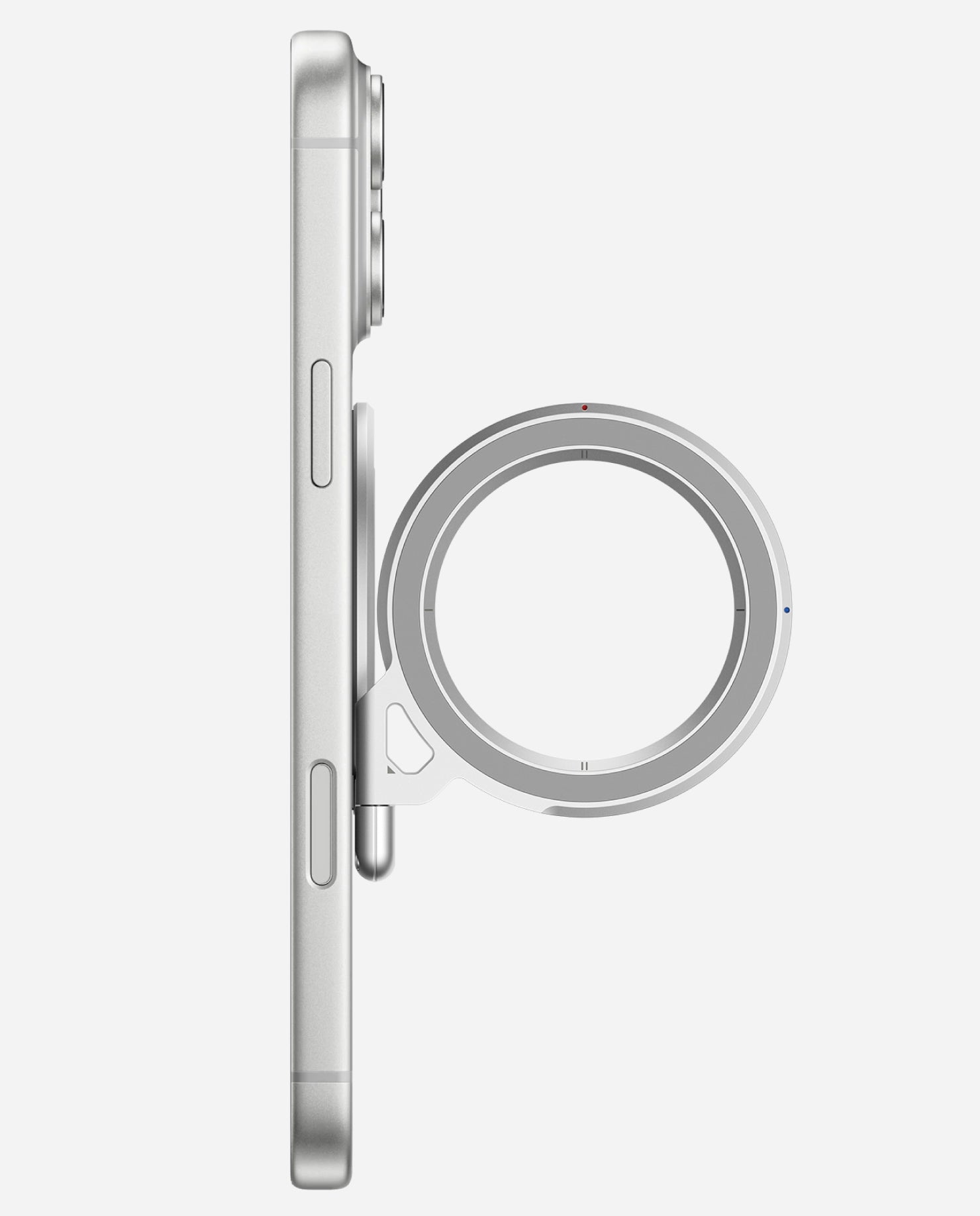 Side view of an iPhone with the AULUMU G09 Infinite 360° MagSafe ring stand attached, showing the ultra-slim profile and circular grip/stand design.