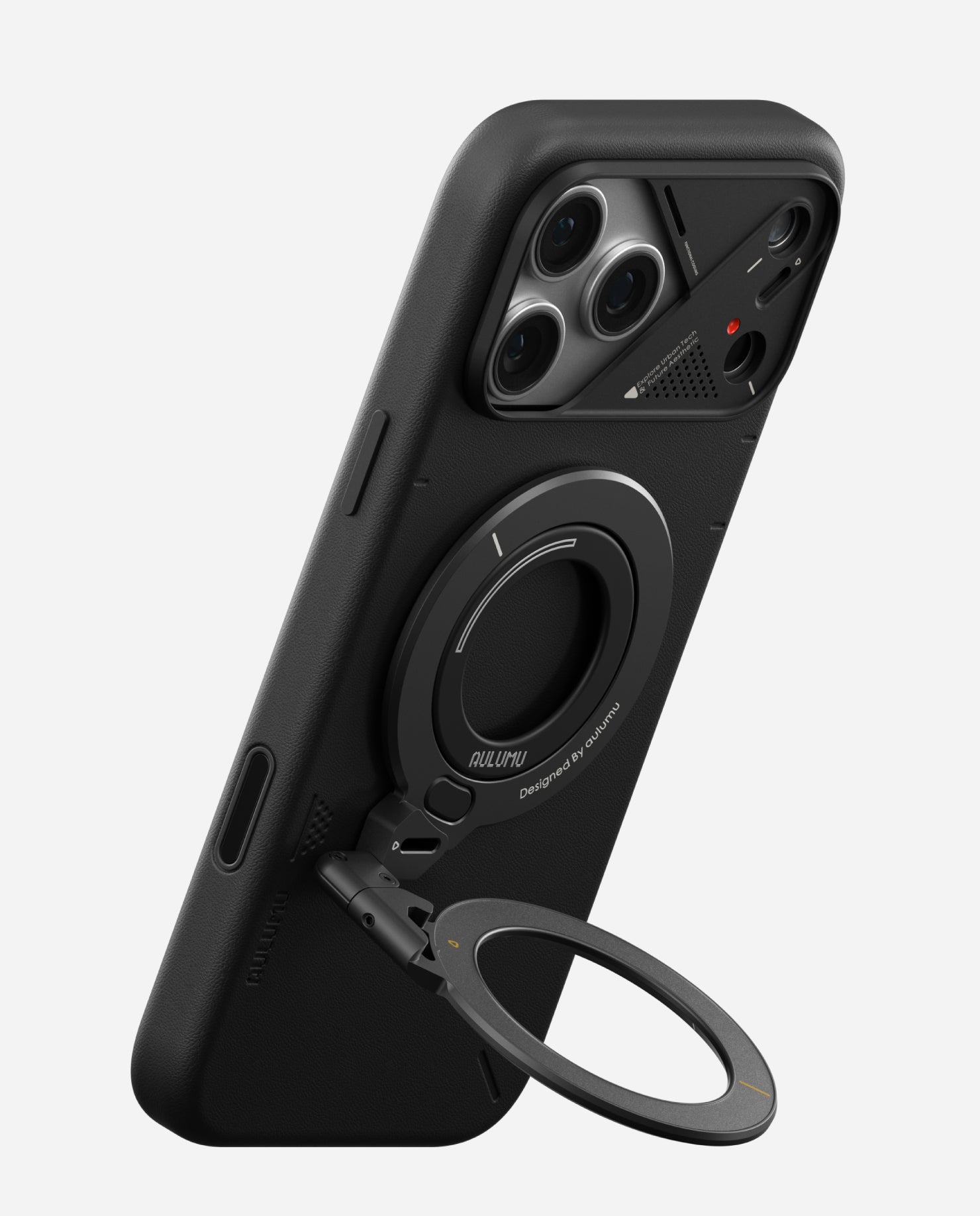 aulumu G09 black Infinite 360° MagSafe stand used as vertical kickstand on iPhone