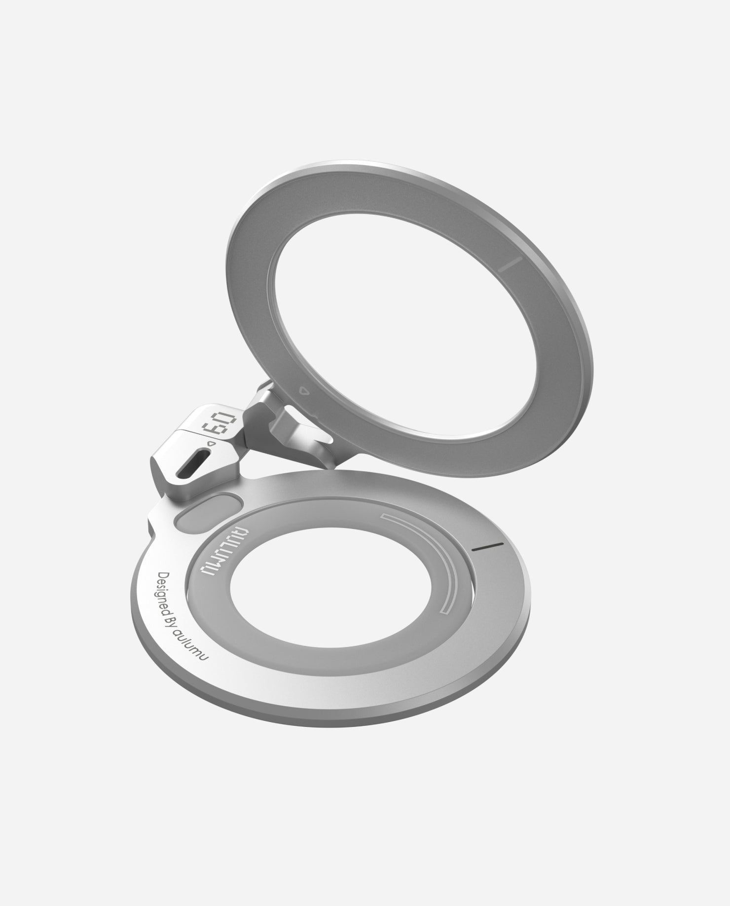 close-up of silver aulumu G09 MagSafe stand hinge showing 3-axis design