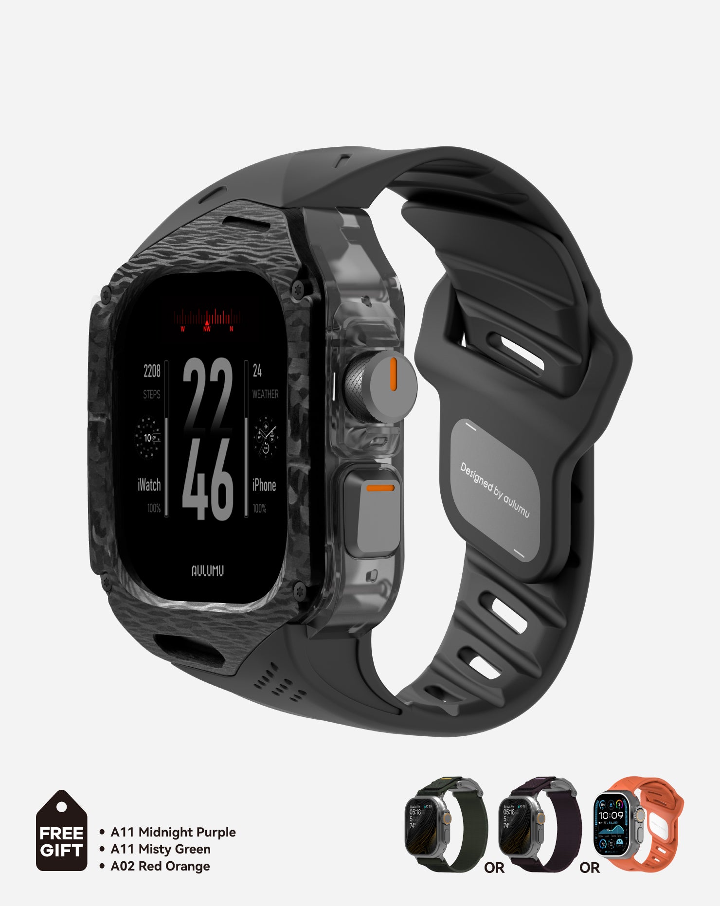 A01 Case with Band for Apple Watch Ultra 1/2/3 | Carbon Fiber Cover | FKM Band