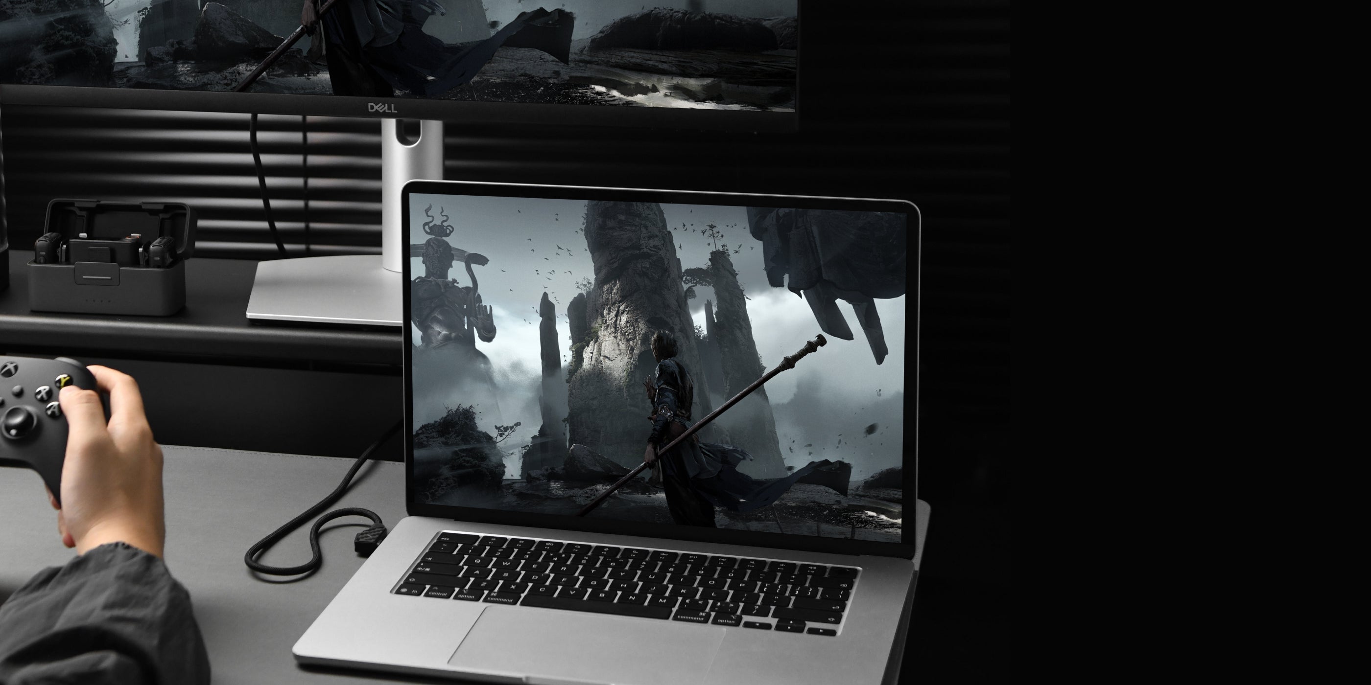 M07 USB-C cable powering a gaming laptop and external monitor for smooth 4K gameplay