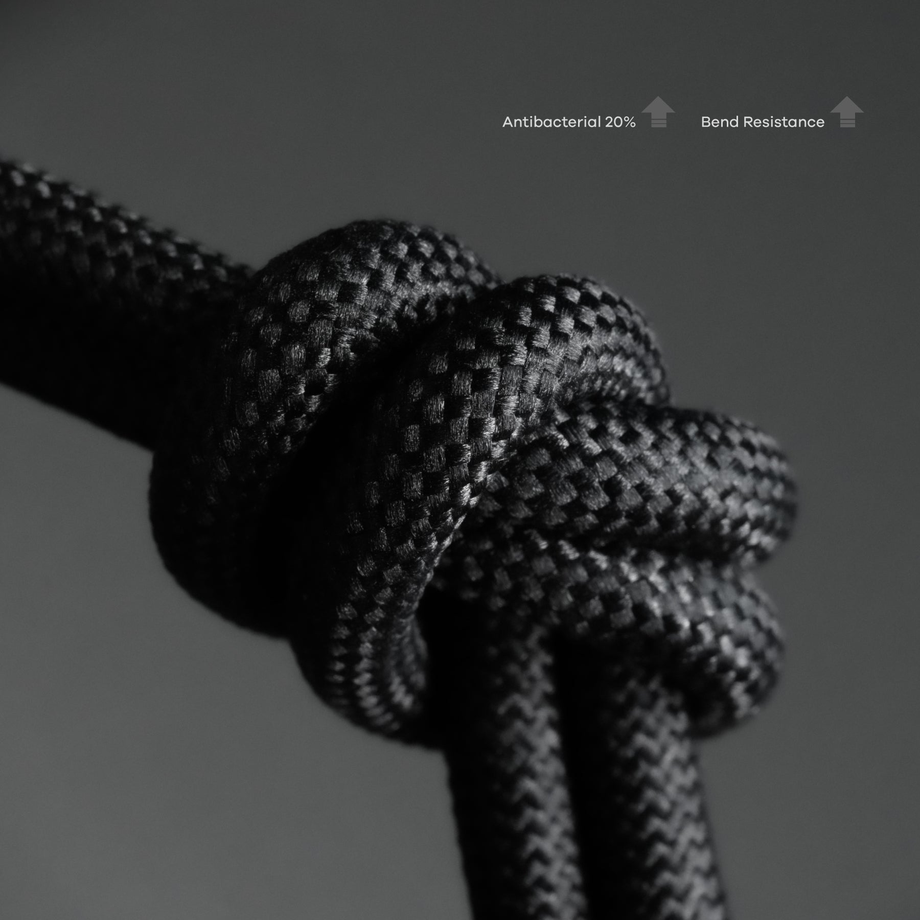 Close-up of braided M07 USB-C cable knot showing durable anti-fray outer jacket